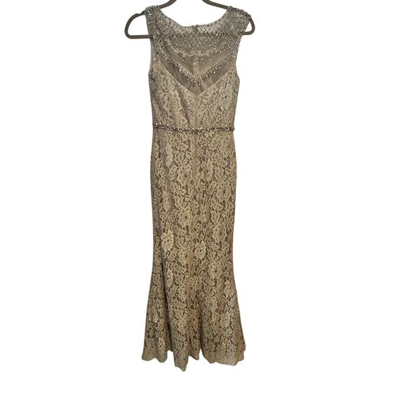 Cameron Blake Beige Neutral Full Length Lace Gown With Beaded Detail Women's 4 - Picture 11 of 13